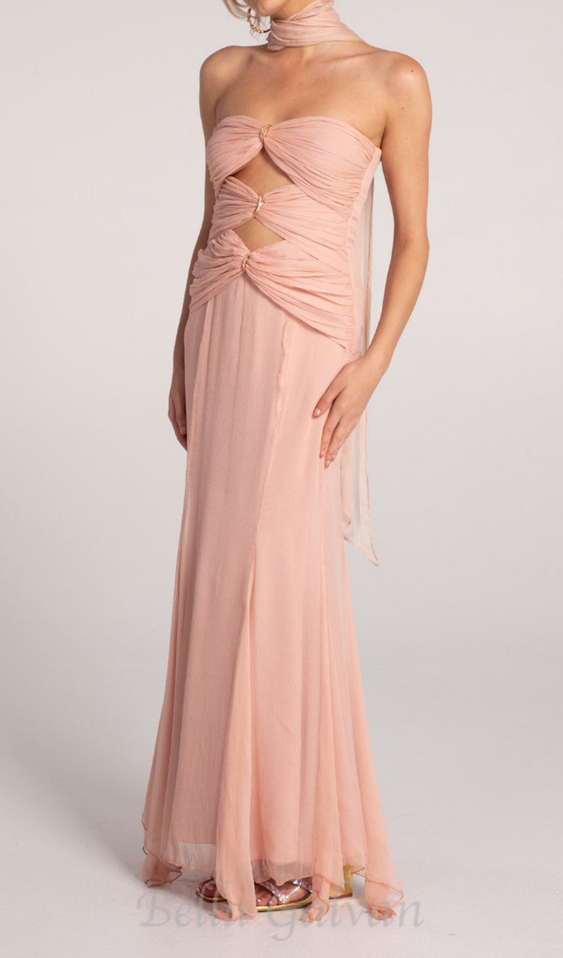 ALYSSA PINK HOLLOW BANDAGE STRAPLESS TULLE MAXI DRESS