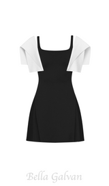 BARBARA BLACK SQUARE NECK MINI DRESS WITH WHITE SHOULDER