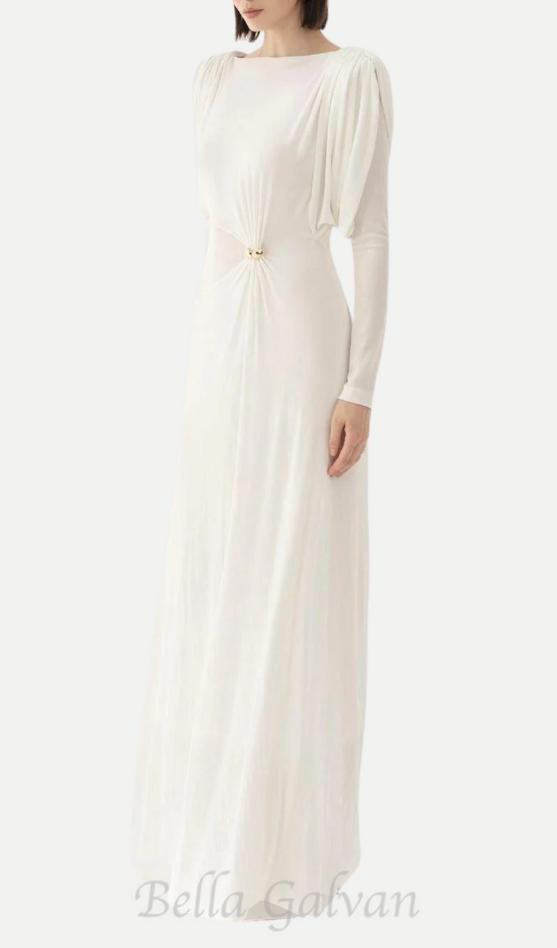 white straight boat neck knitted fabric maxi dress