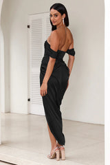 strapless satin midi dress in black