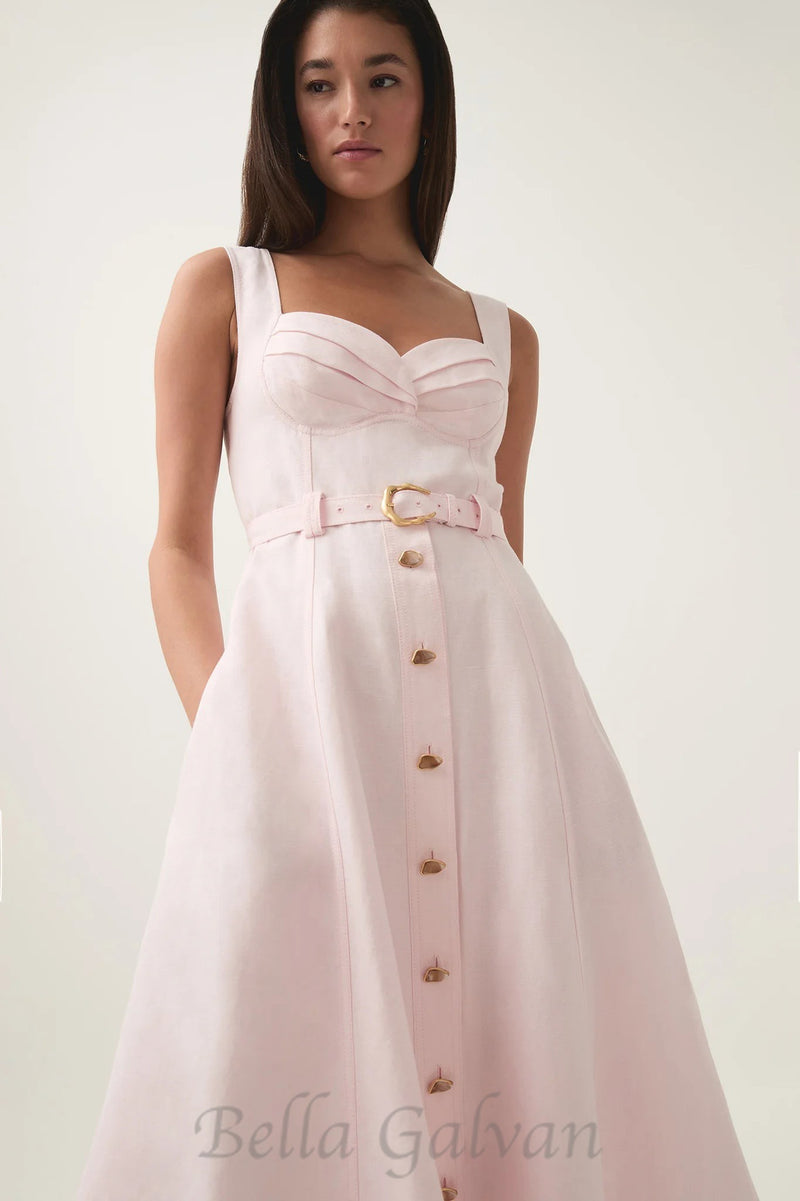 sweetheart neckline belted midi dress in pink