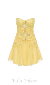 CUT-OUT PLEATED OFF-SHOULDER MINI DRESS IN YELLOW