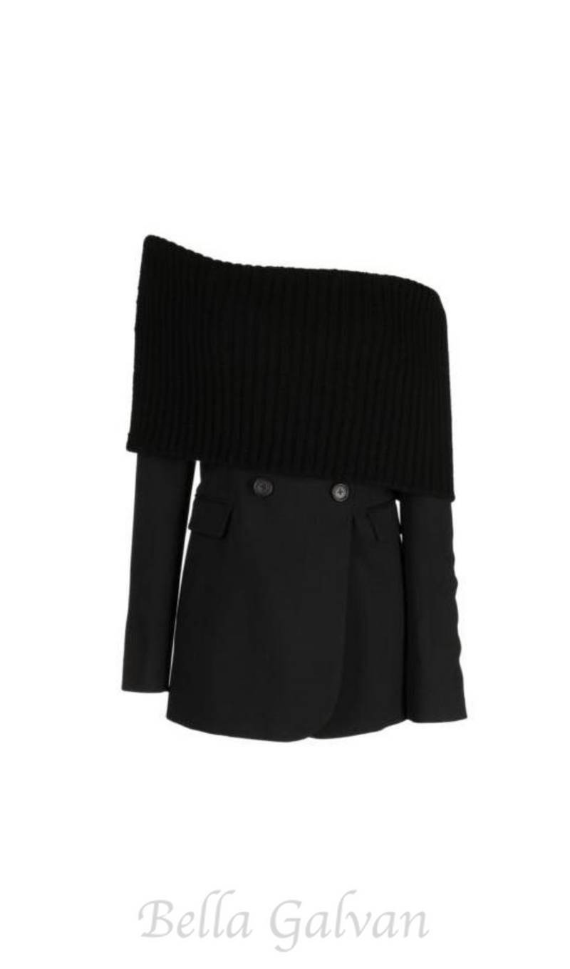 GWENDOLYN BLACK OFF-SHOULDER BUTTON SOLID MINI DRESS