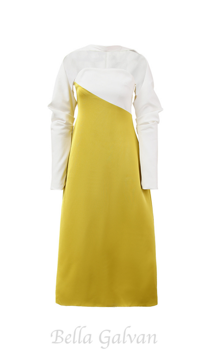 ARLENE YELLOW LONG SLEEVED CUT OUT SILK TAFFETA MIDI DRESS