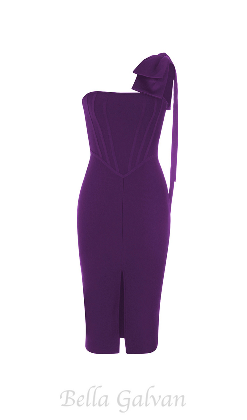 CALISTA PURPLE ONE BOW SHOULDER SPLIT BANDAGE MIDI DRESS