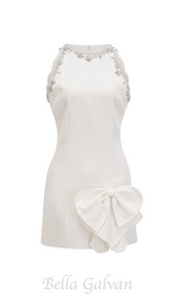 CRYSTAL BOW-DETAIL MINI DRESS IN WHITE