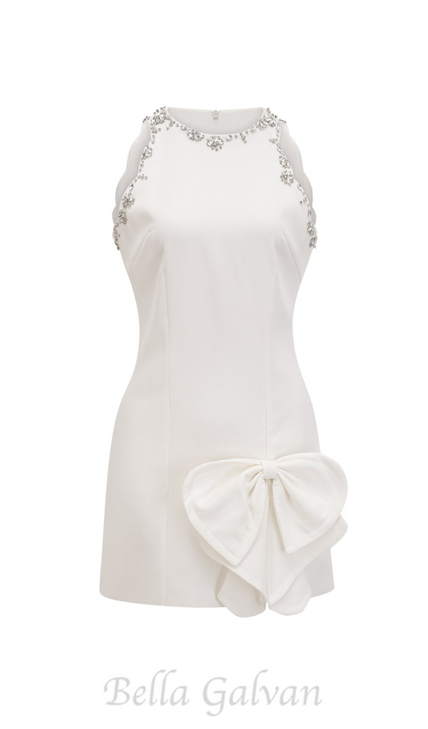 CRYSTAL BOW-DETAIL MINI DRESS IN WHITE