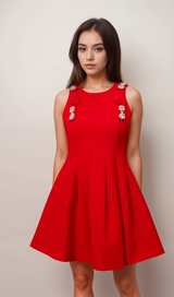 Louisa red bow sleeveless pleated mini dress