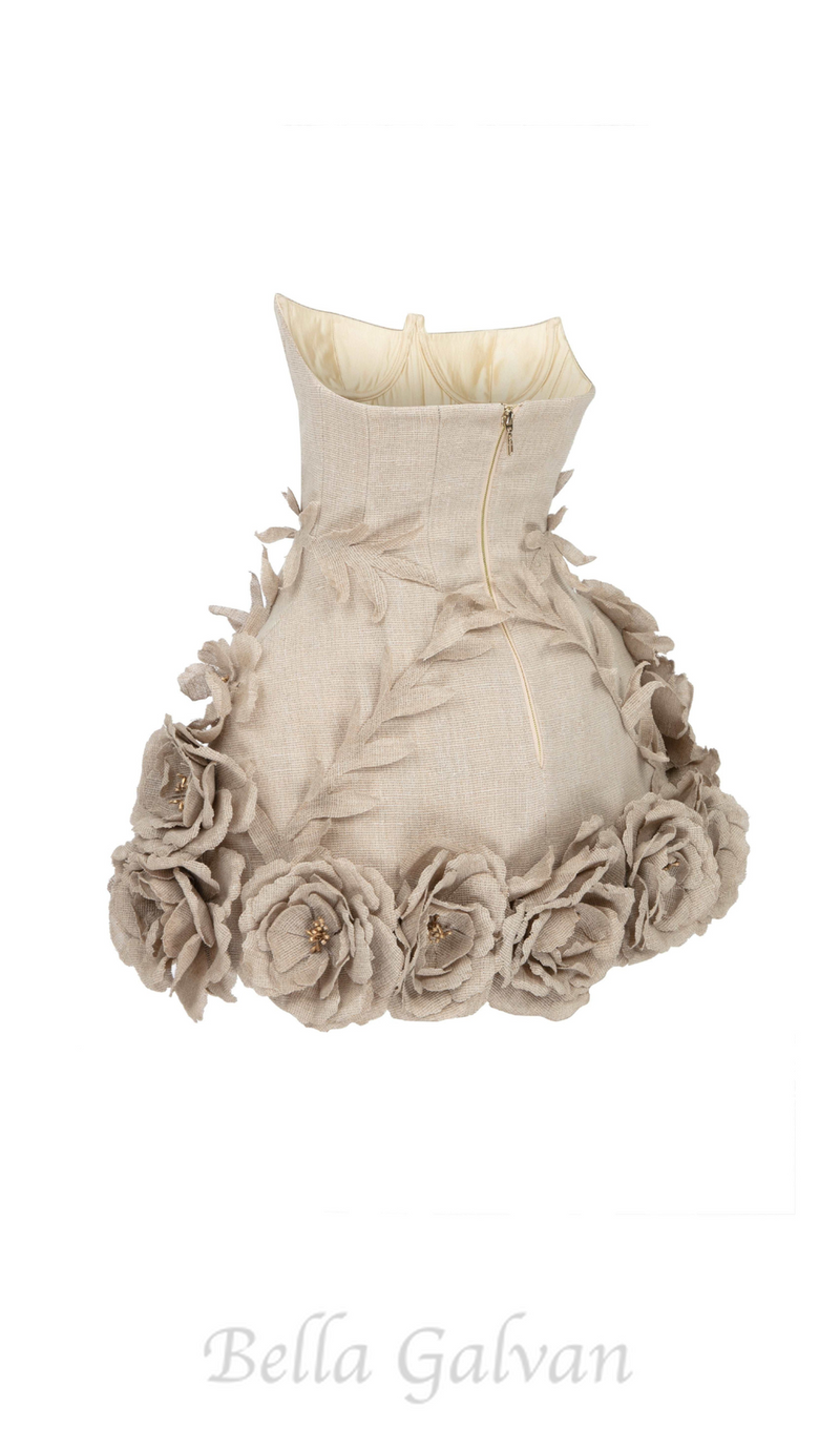 SALOME BEIGE LINEN CORSET FLOWER DETAILS MINI DRESS