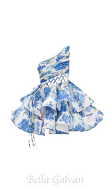 GAIL BLUE FLORAL PRINTED ONE-SHOULDER MINI CHIFFON DRESS