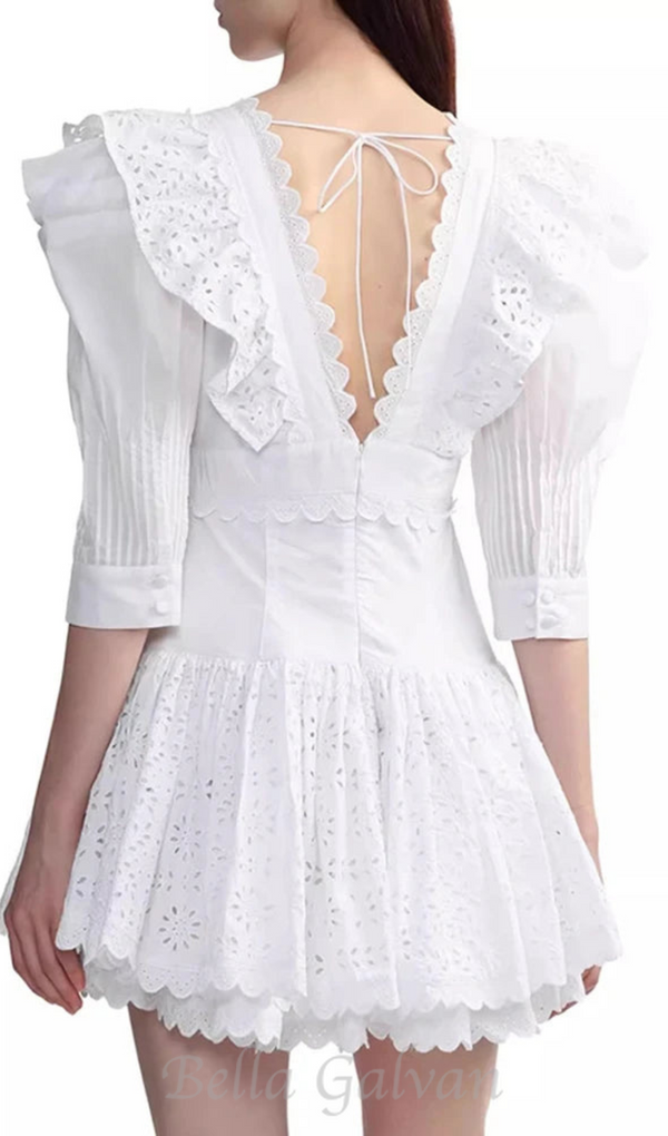 WHITE V-NECK EMBROIDERED RUFFLED MINI DRESS