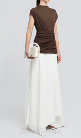 brown Waist cross pleats midi dress with asymmetric hemline