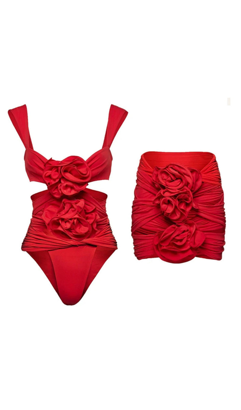 RED 3D FLOWER ONE PIECE SWIMSUIT AND SKIRT