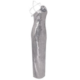 WINIFRED FLORAL-APPLIQUÉ SEQUIN MAXI DRESS SILVER