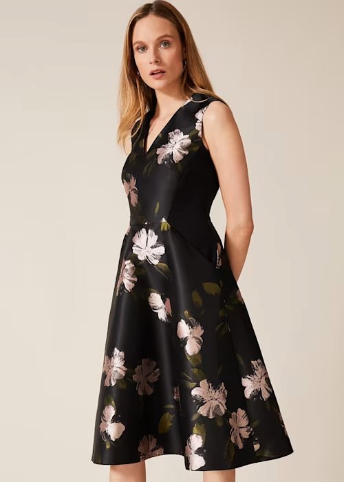 floral jacquard midi dress in black