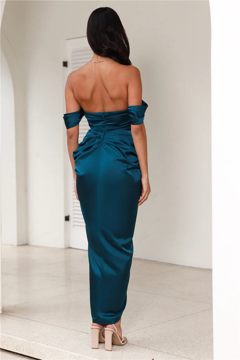 strapless satin midi dress in teal