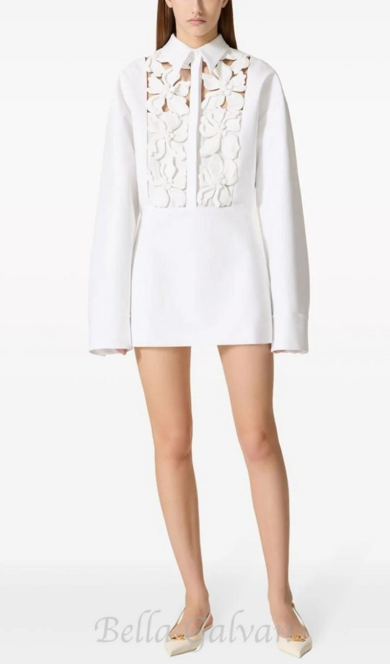 ETHEL FLORAL CUTOUT LONG SLEEVES SHIRT DRESS IN WHITE