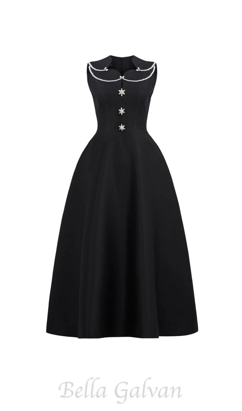 PEARL EMBELLISHED A LINE MIDI DRESS IN BLACK