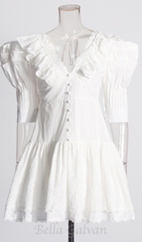 WHITE V-NECK EMBROIDERED RUFFLED MINI DRESS