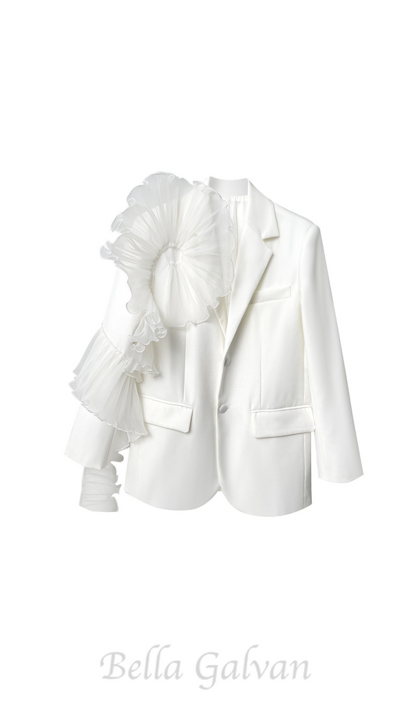 POLLY RUFFLE DETAIL LONG SLEEVE BLAZER IN WHITE