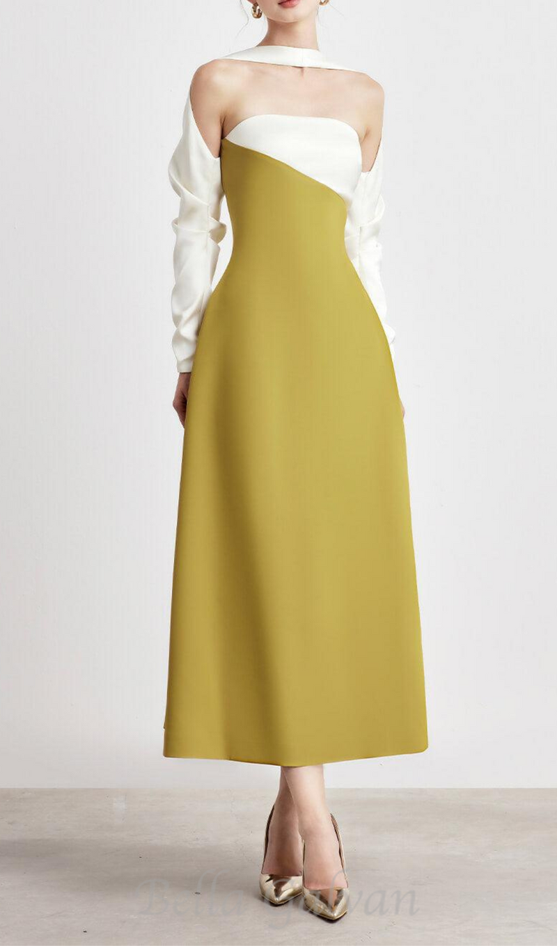 ARLENE YELLOW LONG SLEEVED CUT OUT SILK TAFFETA MIDI DRESS