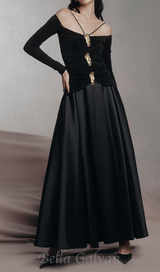 black A-line Cold Shoulder Sleeved Spandex Taffeta Maxi Dress