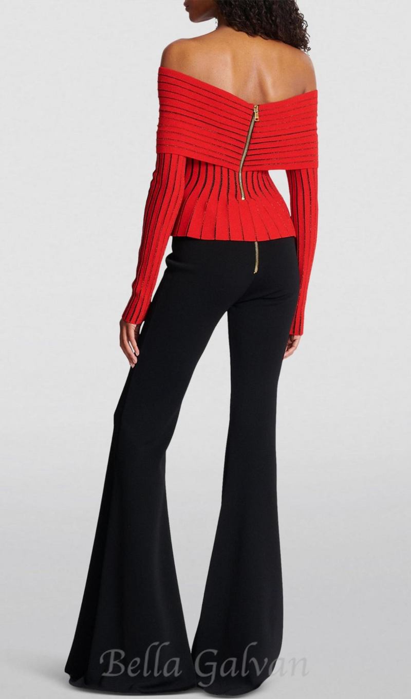 ESTHER KNIT STRIPE RUCHED OFF-SHOULDER TOP