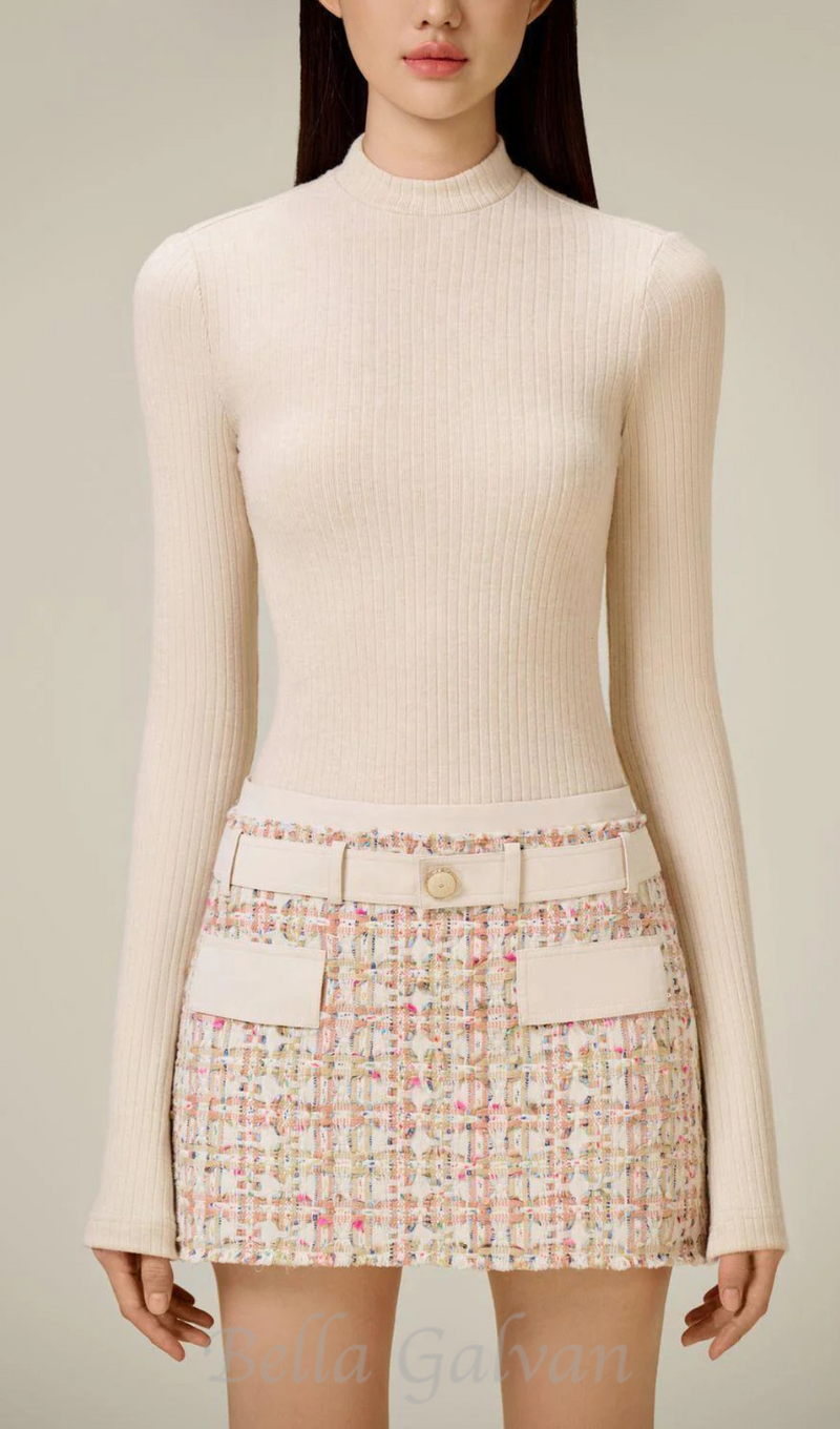 Carlin patchwork Tweed mini skirt in pink