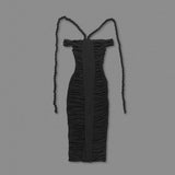 cara black off-shoulder ruched bodycon maxi dress with rope embellished