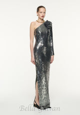 Floral-appliqué sequin gown in silver