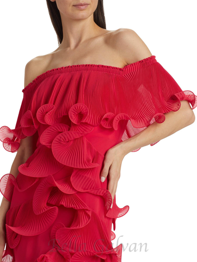 DORA ROSE RED OFF-SHOULDER PLEATED ORGANZA MAXI DRESS