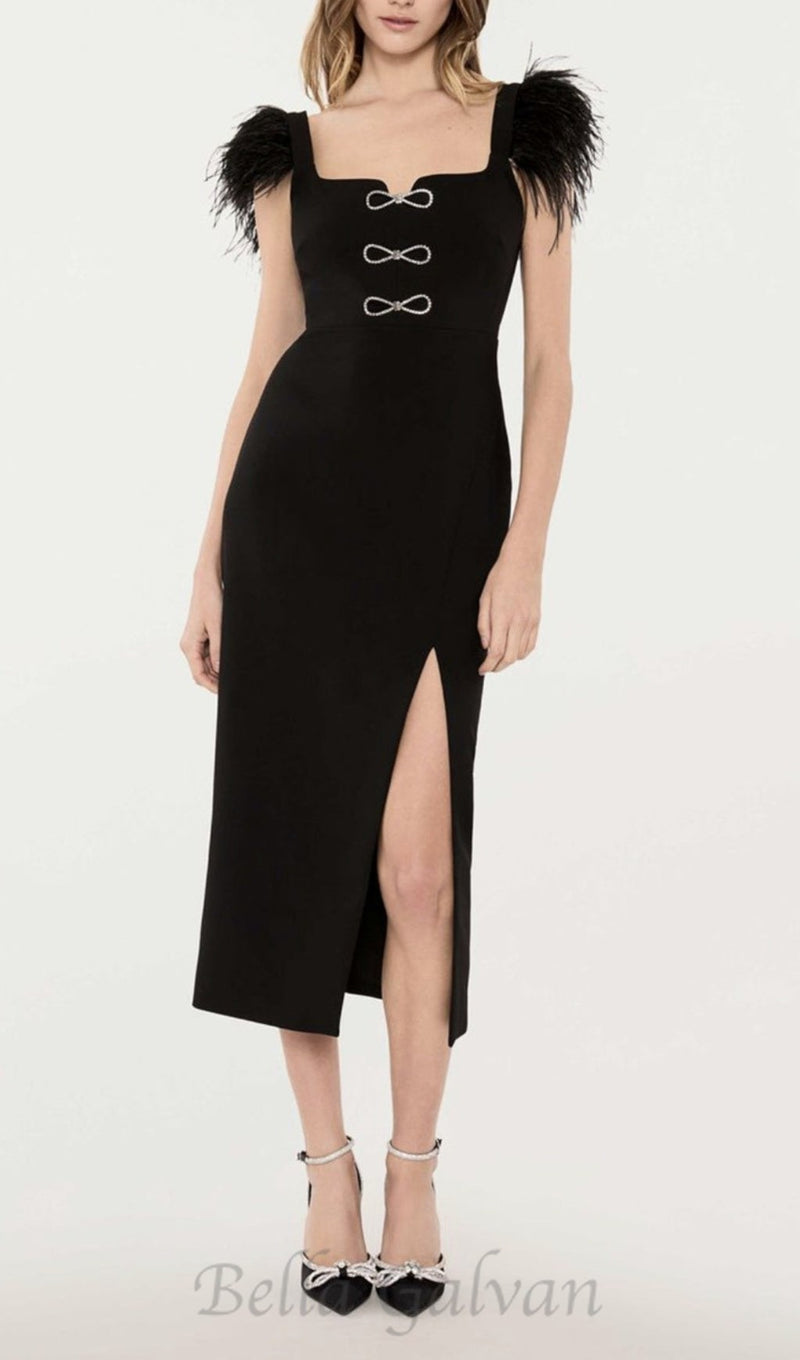 CARI BLACK BOW FEATHER BANDAGE MIDI DRESS