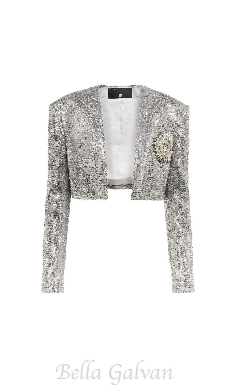 TAMMY CROPPED SEQUINED BLAZER IN SLIVER