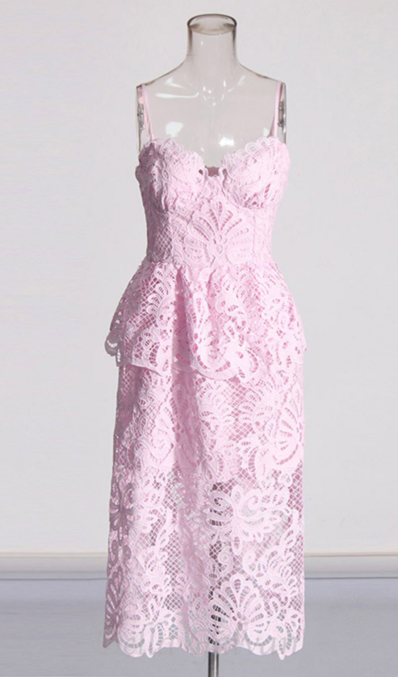 EVELYN CUT OUT LACE LAYERING MIDI DRESS IN PINK