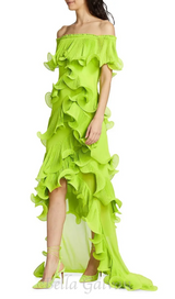 DORA GREEN OFF-SHOULDER PLEATED ORGANZA MAXI DRESS