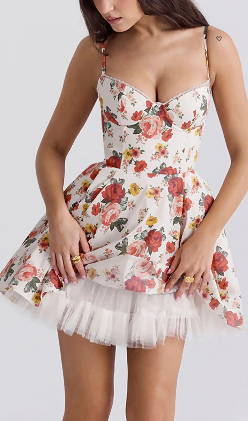 FLORAL BUSTIER A-LINE MINI DRESS