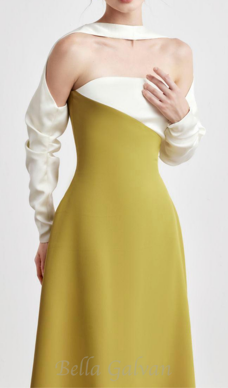 ARLENE YELLOW LONG SLEEVED CUT OUT SILK TAFFETA MIDI DRESS