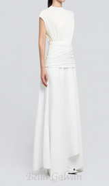 white Waist cross pleats midi dress with asymmetric hemline