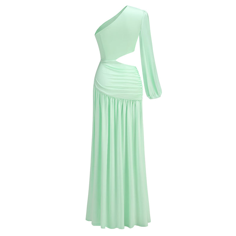 BERYL ONE SLEEVE CUTOUT RUCHED MAXI DRESS IN GREEN