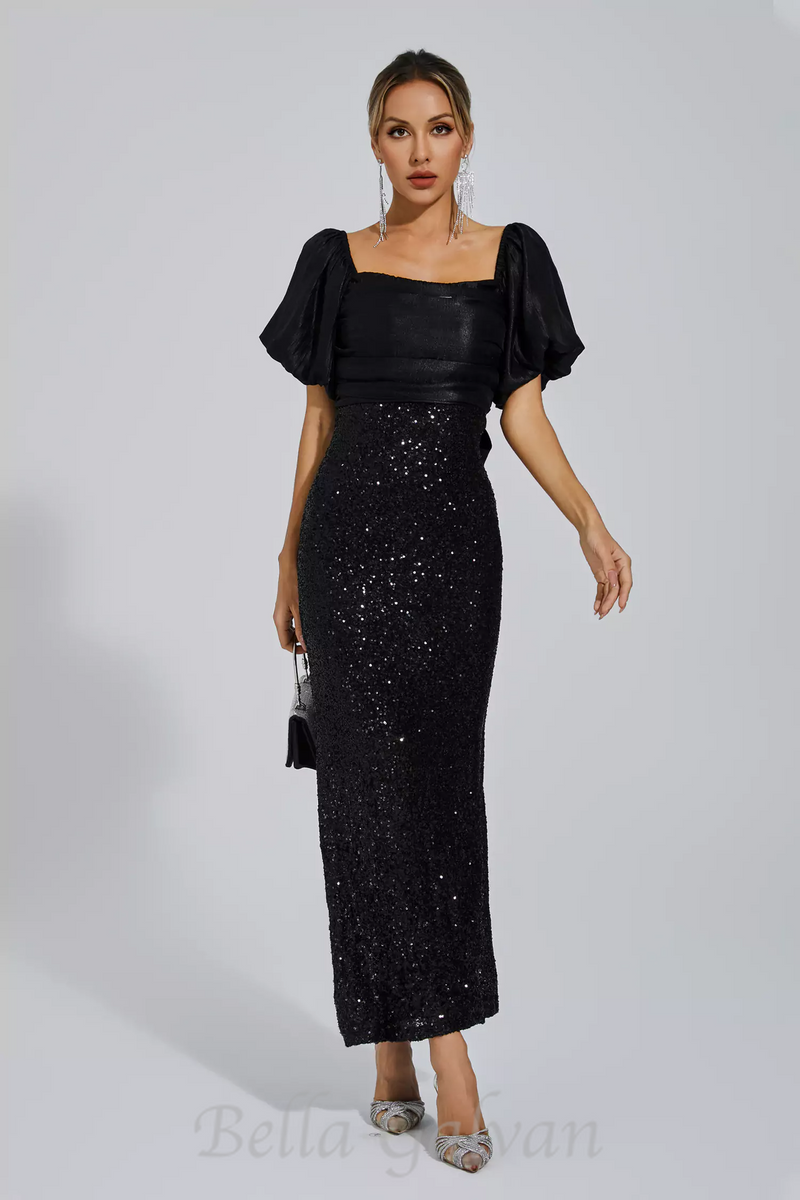 MARIA BLACK BOW SEQUINS EMBELLISHED MAXI DRESS