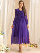 three-dimensional flower v-neck purple chiffon maxi dress