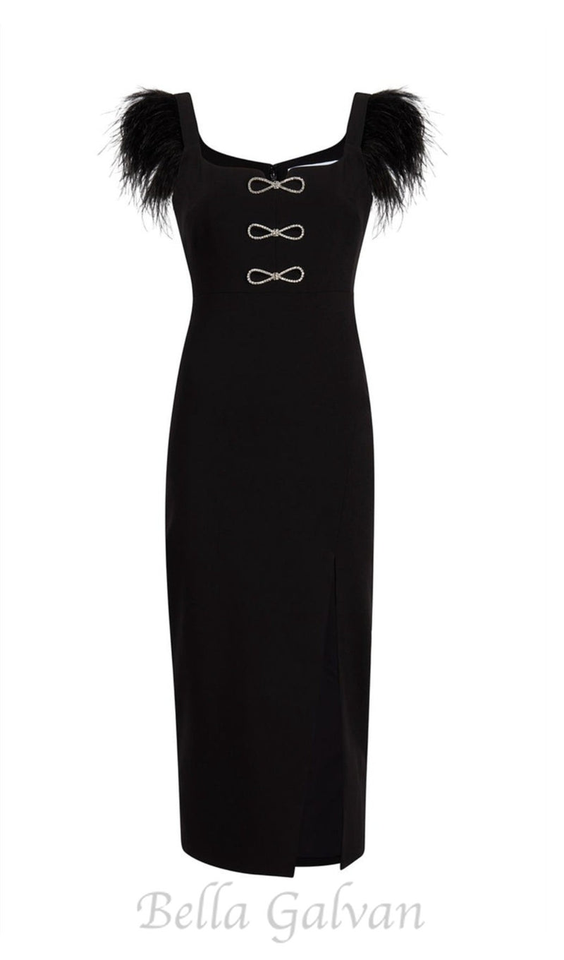 CARI BLACK BOW FEATHER BANDAGE MIDI DRESS