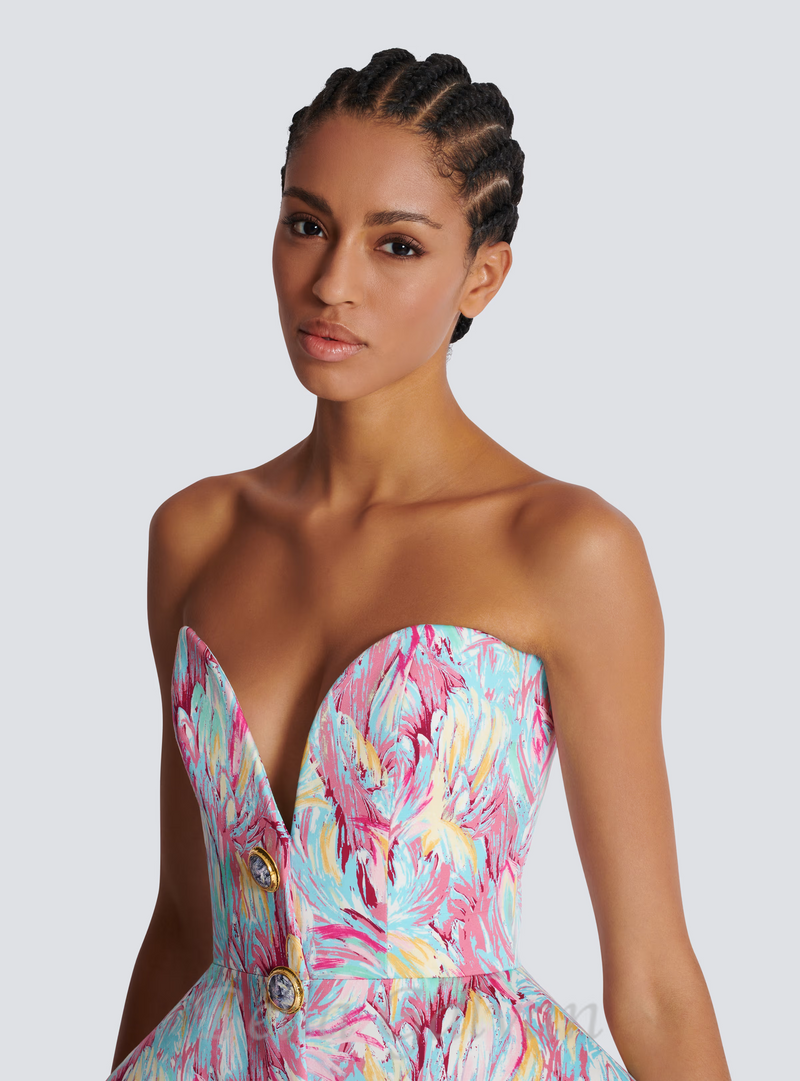 STACEY MULTICOLOR FEATHER PRINT PEPLUM BUSTIER MINI DRESS