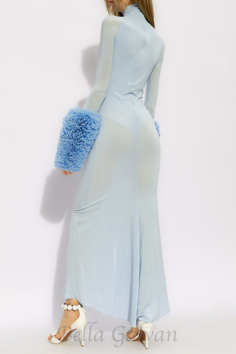 MICHELLE RUFFLED TURTLENECK MAXI DRESS IN PALE BLUE