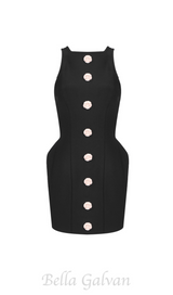 BREENDA BLACK KNITTED MINI DRESS WITH FLOWER BUTTONS