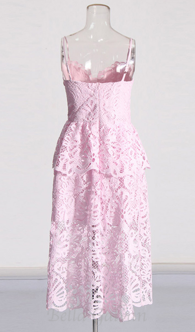 EVELYN CUT OUT LACE LAYERING MIDI DRESS IN PINK