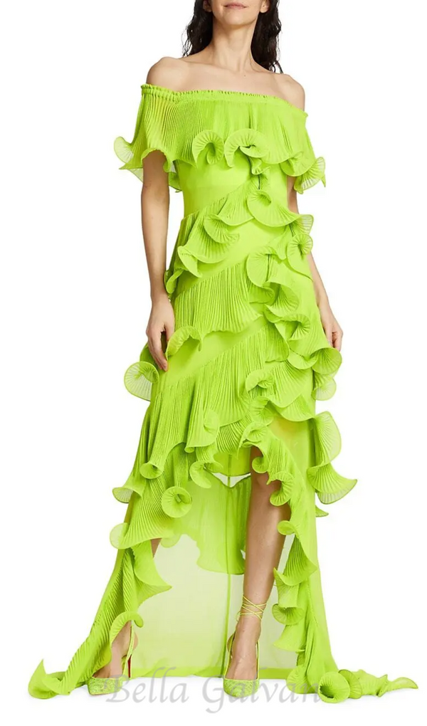 DORA GREEN OFF-SHOULDER PLEATED ORGANZA MAXI DRESS