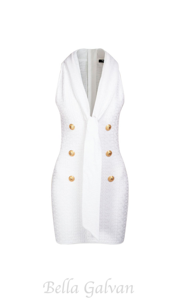 EVELYN JACQUARD MONOGRAM SHAWL-COLLAR MINI DRESS IN WHITE