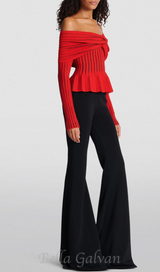 ESTHER KNIT STRIPE RUCHED OFF-SHOULDER TOP