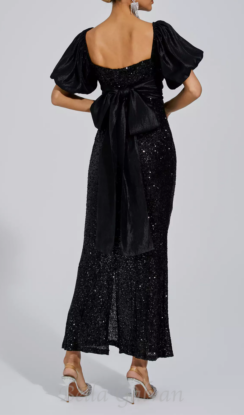 MARIA BLACK BOW SEQUINS EMBELLISHED MAXI DRESS